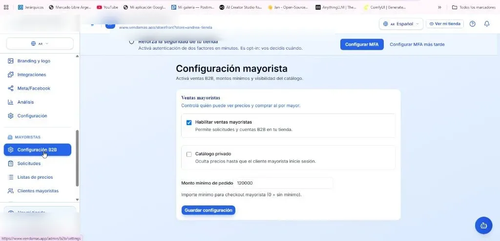 Panel de configuración mayorista con montos mínimos