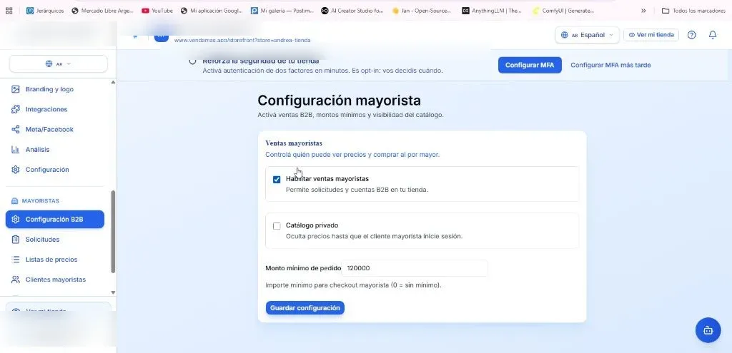 Configuración mayorista B2B en el panel admin