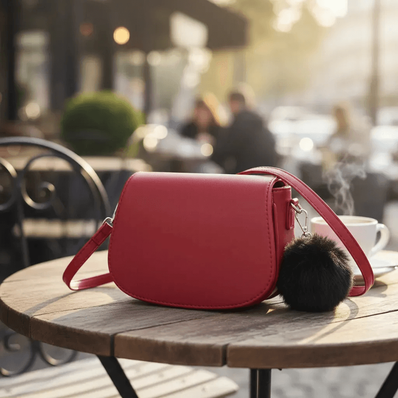 Mini Bag Cartera Bandolera Cuero Sintético Con Pompón Bordó - imagen 4